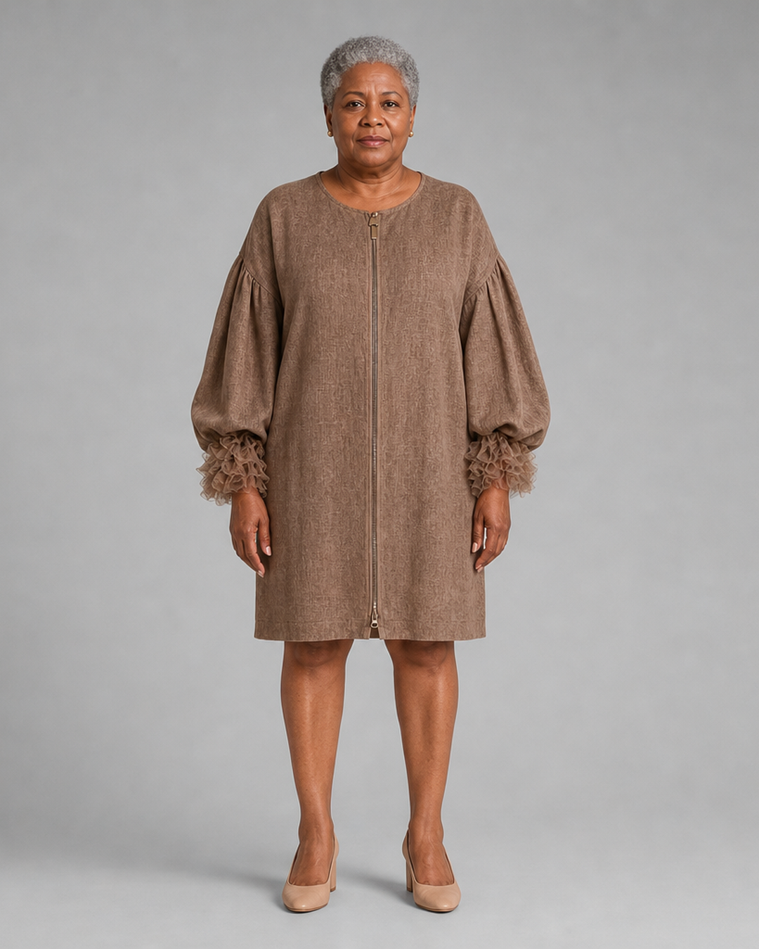 Nyambura | Brown Zip-front Balloon Sleeve Mini Dress With Pleated Ruffle Cuffs