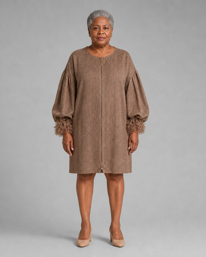 Nyambura | Brown Zip-front Balloon Sleeve Mini Dress With Pleated Ruffle Cuffs