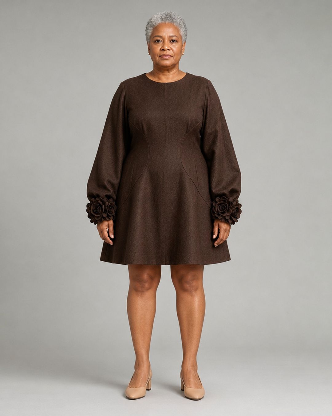 Nyokabi | Chocolate Brown Belted A-line Mini Dress Featuring Striking Floral Cuffs