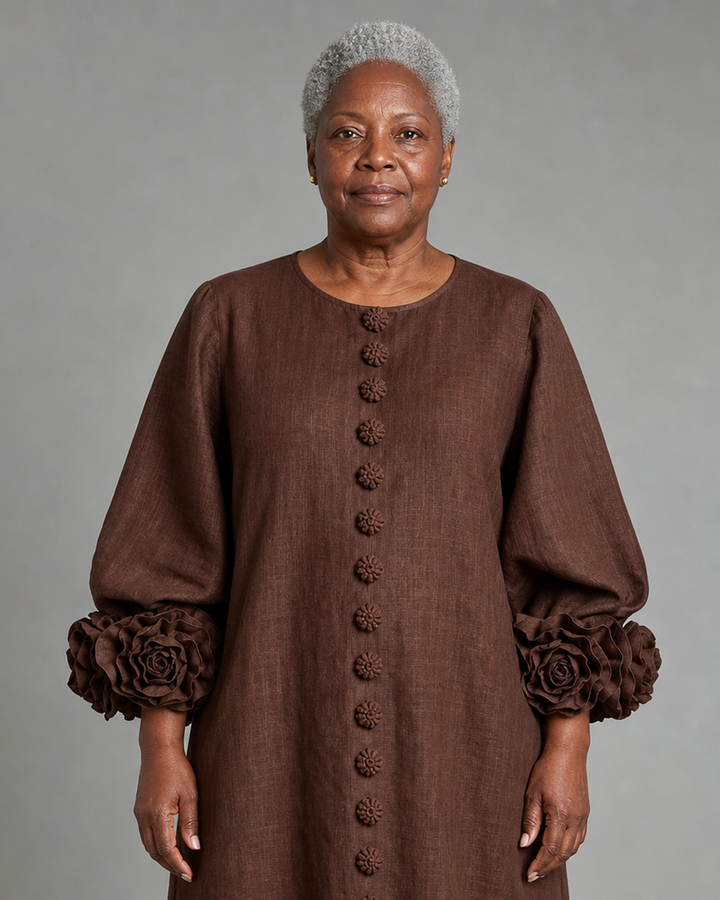Ramatoulaye | Chocolate Brown Floral Button-down Mini Dress With Striking Floral Cuffs