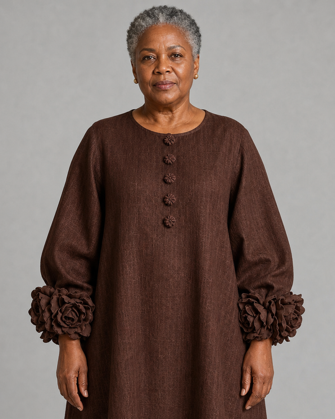 Ama | Chocolate Brown Floral Button-down Midi Dress With Striking Floral Cuffs