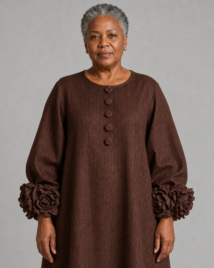 Ama | Chocolate Brown Floral Button-down Midi Dress With Striking Floral Cuffs