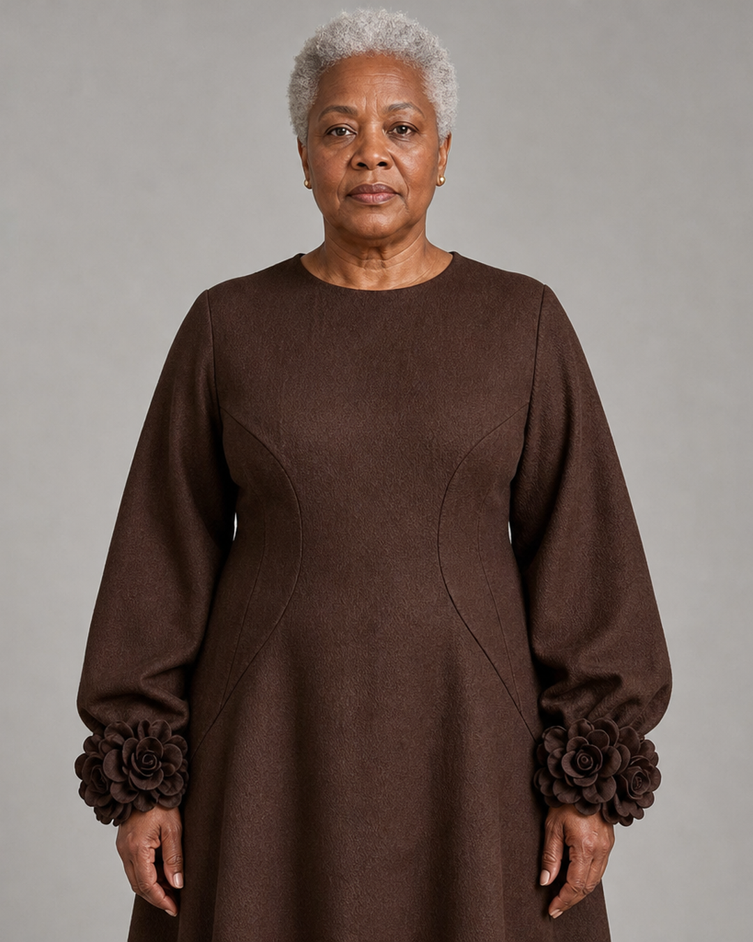 Nyokabi | Chocolate Brown Belted A-line Mini Dress Featuring Striking Floral Cuffs