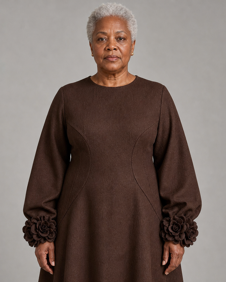 Nyokabi | Chocolate Brown Belted A-line Mini Dress Featuring Striking Floral Cuffs