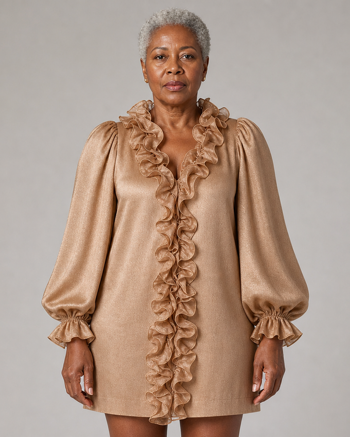 Salimatou | Ruffled Puff-sleeve Loose Straight-cut Mini Dress