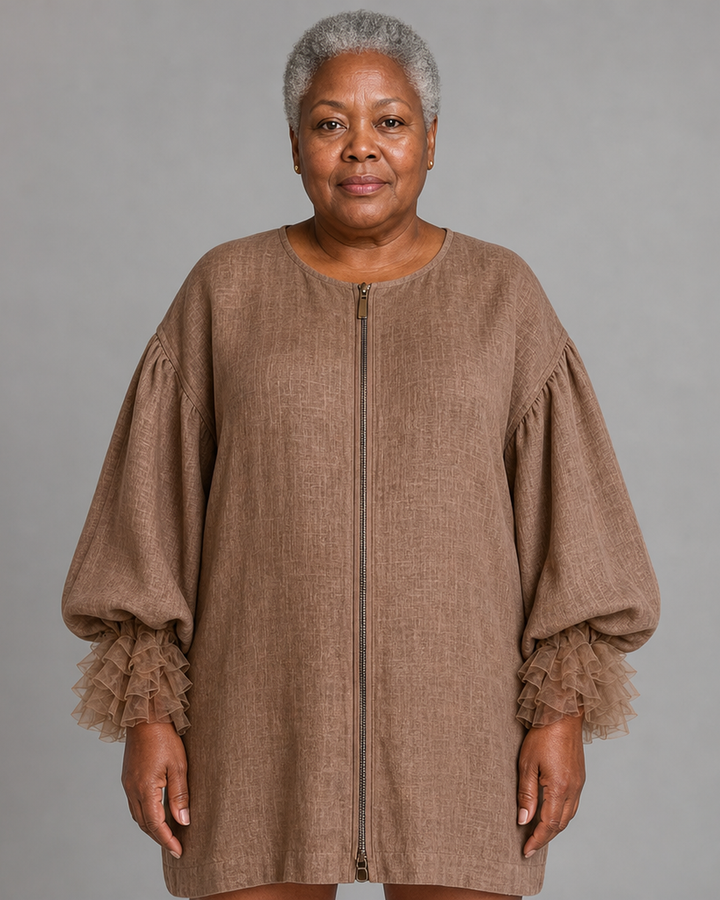 Nyambura | Brown Zip-front Balloon Sleeve Mini Dress With Pleated Ruffle Cuffs