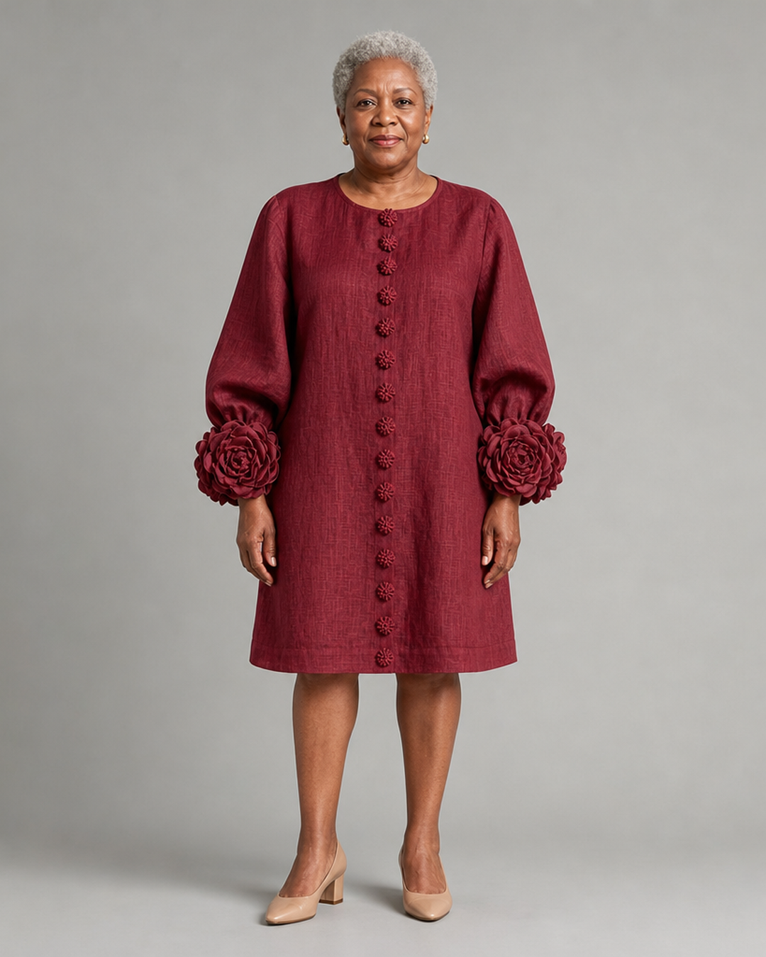 Khadidiatou | Burgundy Floral Button-down Mini Dress With Striking Floral Cuffs