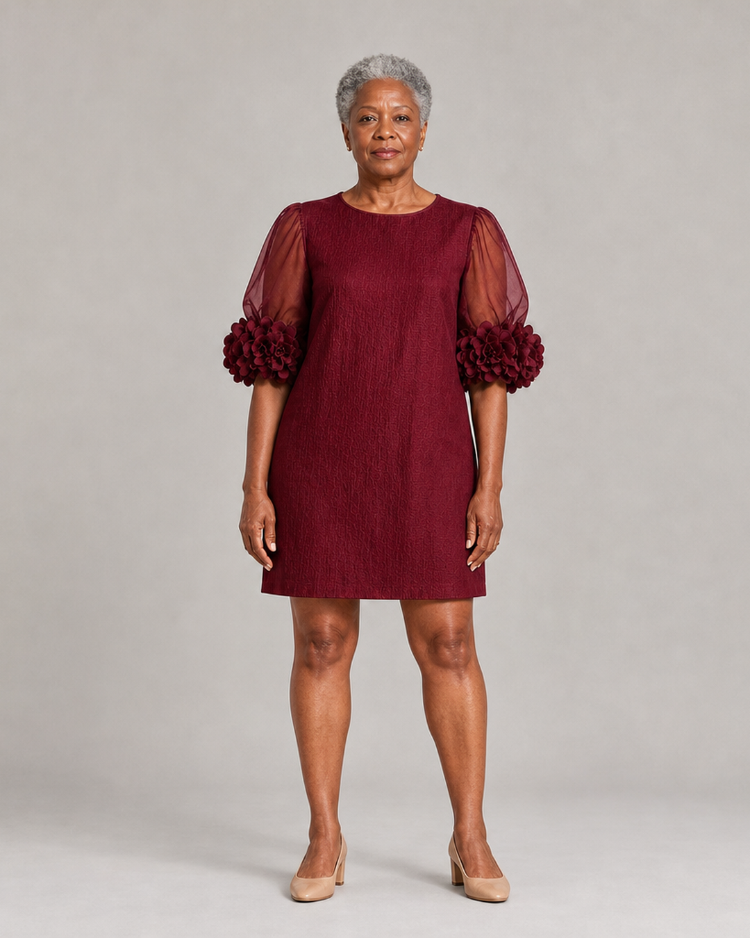 Muthoni | Burgundy Organza Puff-sleeved Mini Dress With Striking Floral Cuffs