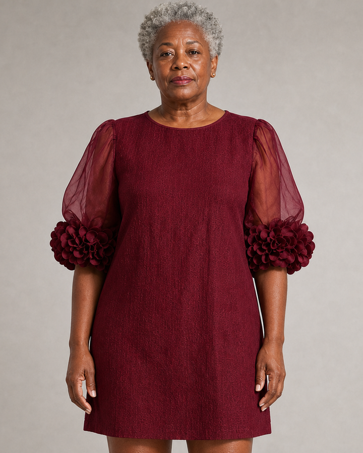 Muthoni | Burgundy Organza Puff-sleeved Mini Dress With Striking Floral Cuffs