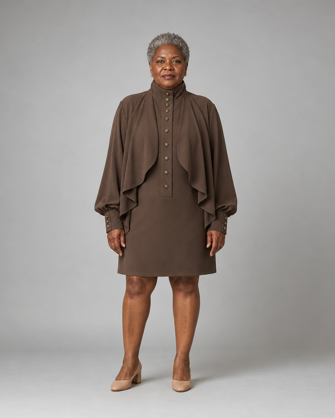 Isatou | Chocolate High-neck Mini Dress With Cape-style Paneling