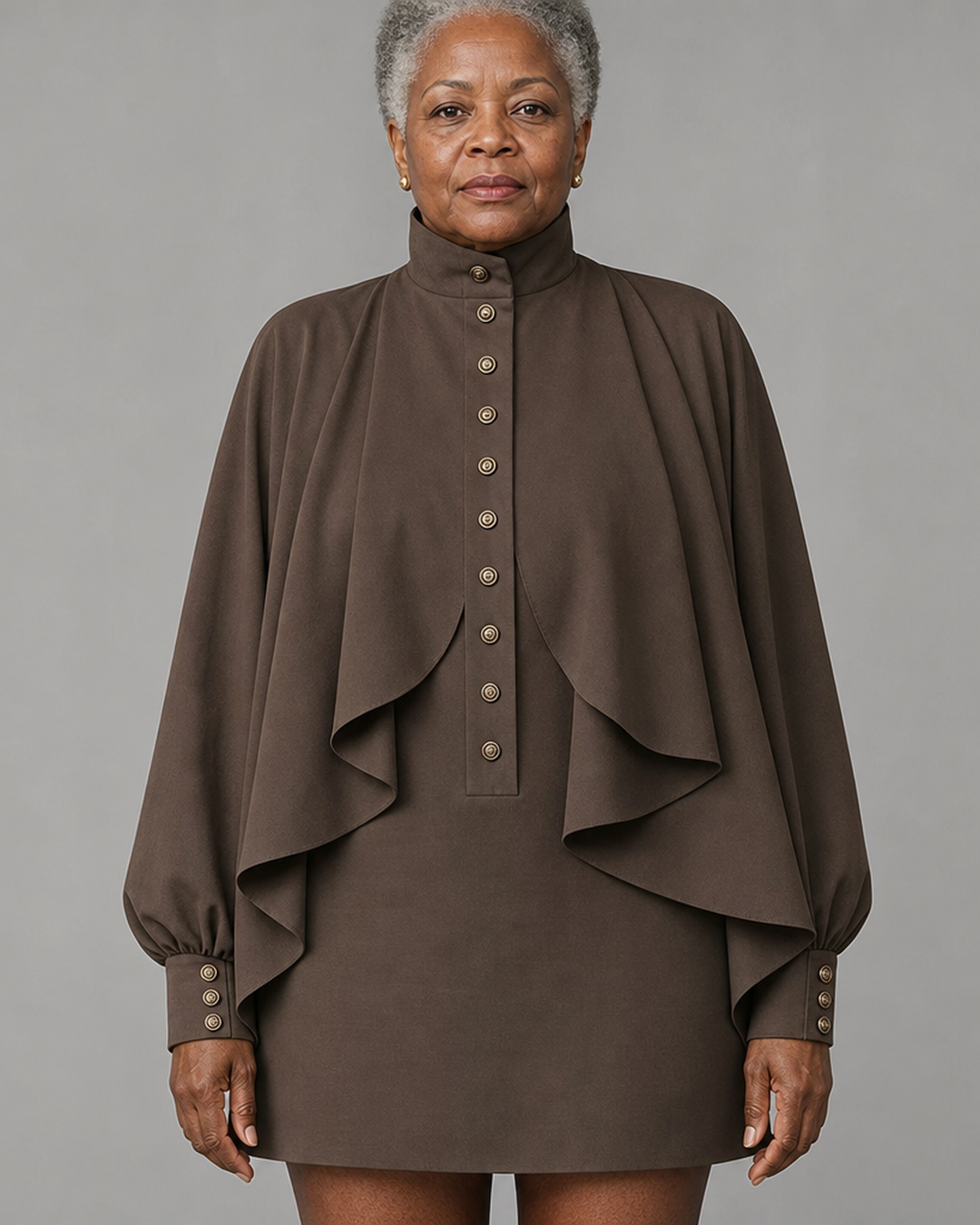Isatou | Chocolate High-neck Mini Dress With Cape-style Paneling