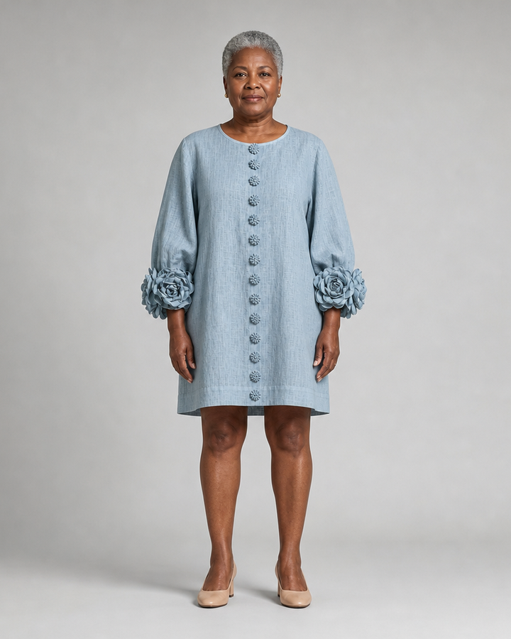 Iyabo | Dusty Blue Floral Button-down Mini Dress With Striking Floral Cuffs