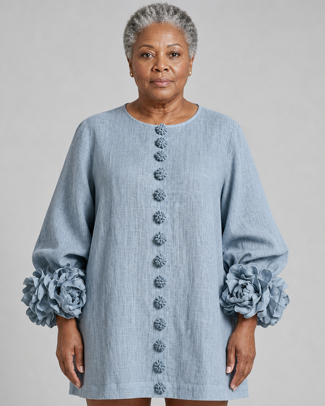 Iyabo | Dusty Blue Floral Button-down Mini Dress With Striking Floral Cuffs