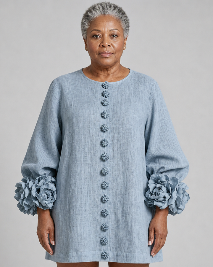 Iyabo | Dusty Blue Floral Button-down Mini Dress With Striking Floral Cuffs