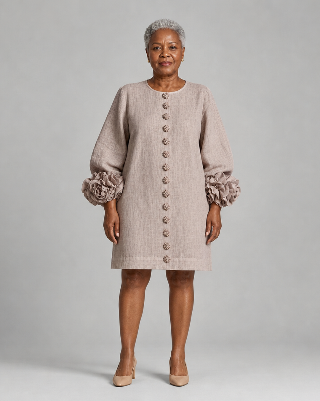 Titilayo | Mushroom Taupe Floral Button-down Mini Dress With Striking Floral Cuffs
