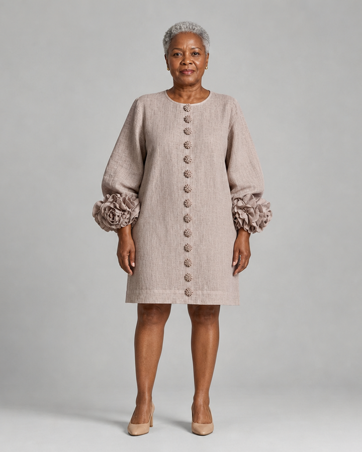 Titilayo | Mushroom Taupe Floral Button-down Mini Dress With Striking Floral Cuffs