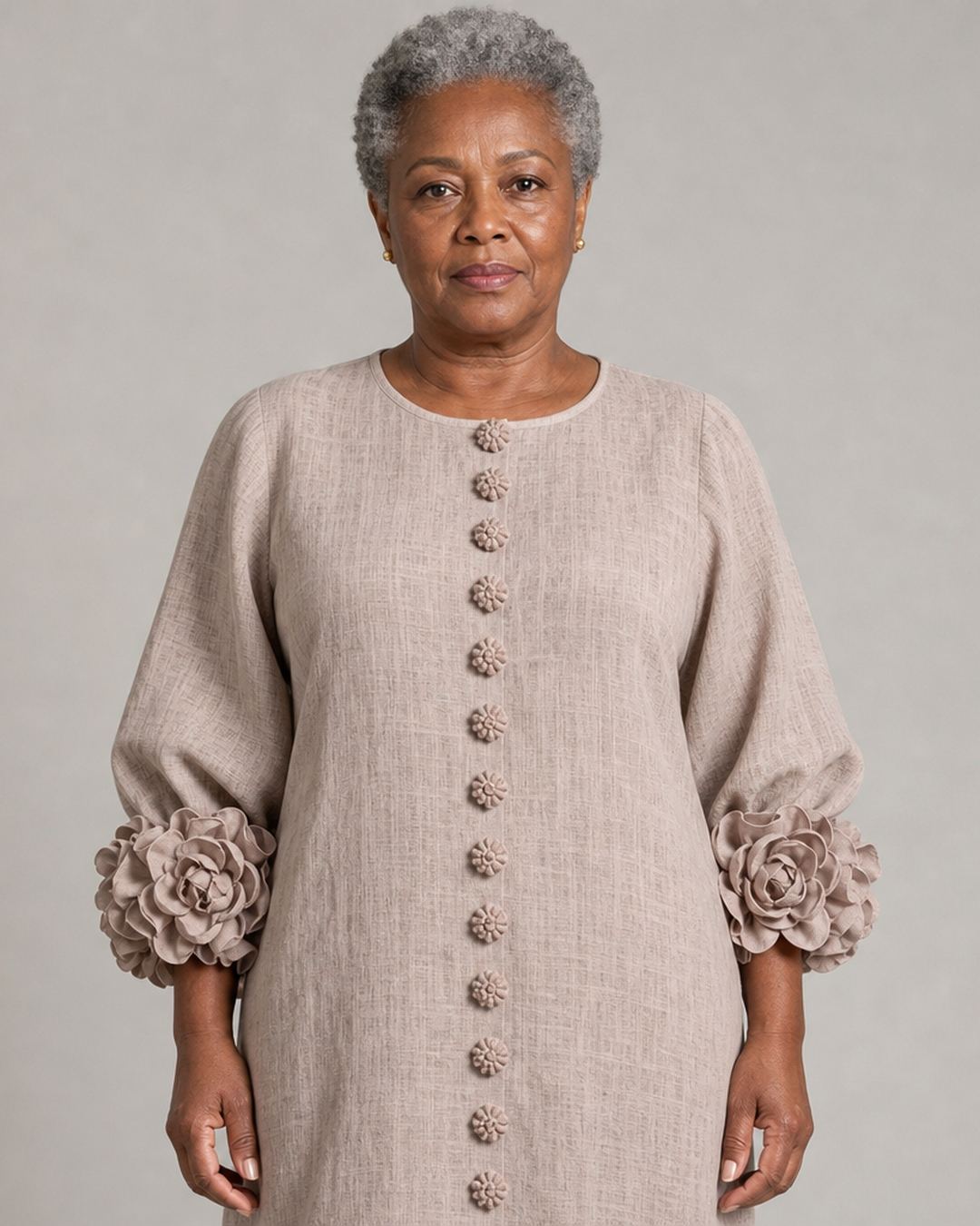 Titilayo | Mushroom Taupe Floral Button-down Mini Dress With Striking Floral Cuffs