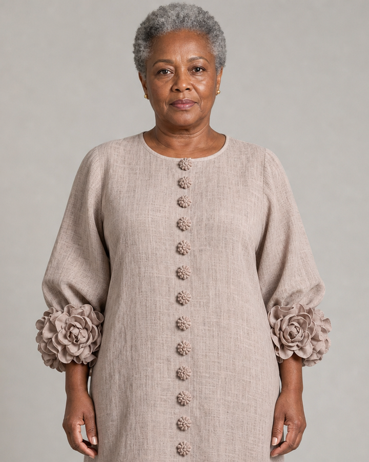 Titilayo | Mushroom Taupe Floral Button-down Mini Dress With Striking Floral Cuffs