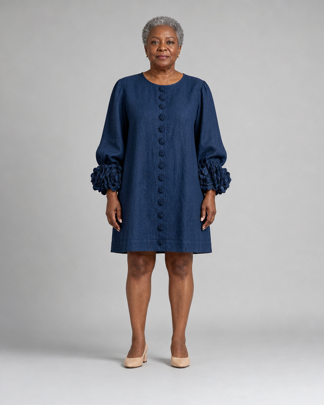 Abena | Navy Floral Button-down Mini Dress With Striking Floral Cuffs