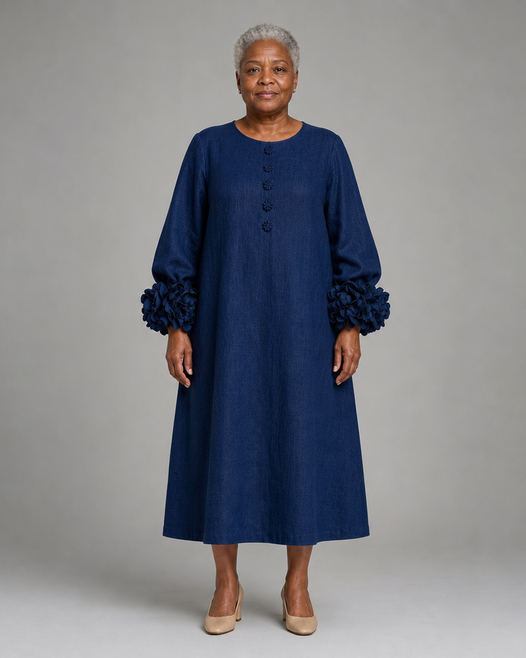 Serwaa | Navy Floral Button-down Midi Dress With Striking Floral Cuffs