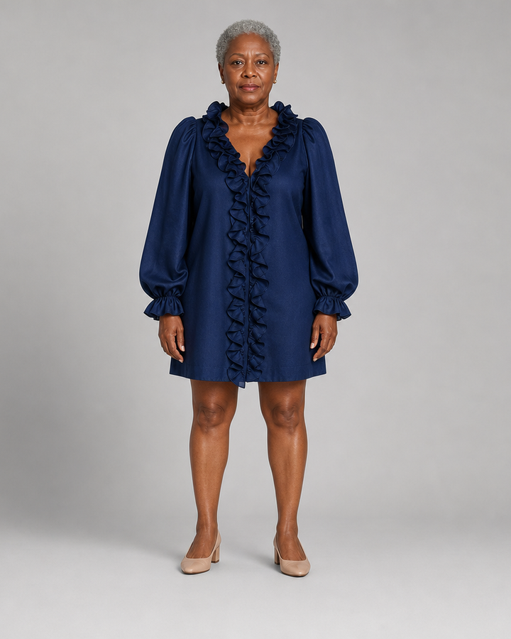 Mariatou | Navy Ruffled Puff-sleeve Loose Straight-cut Mini Dress