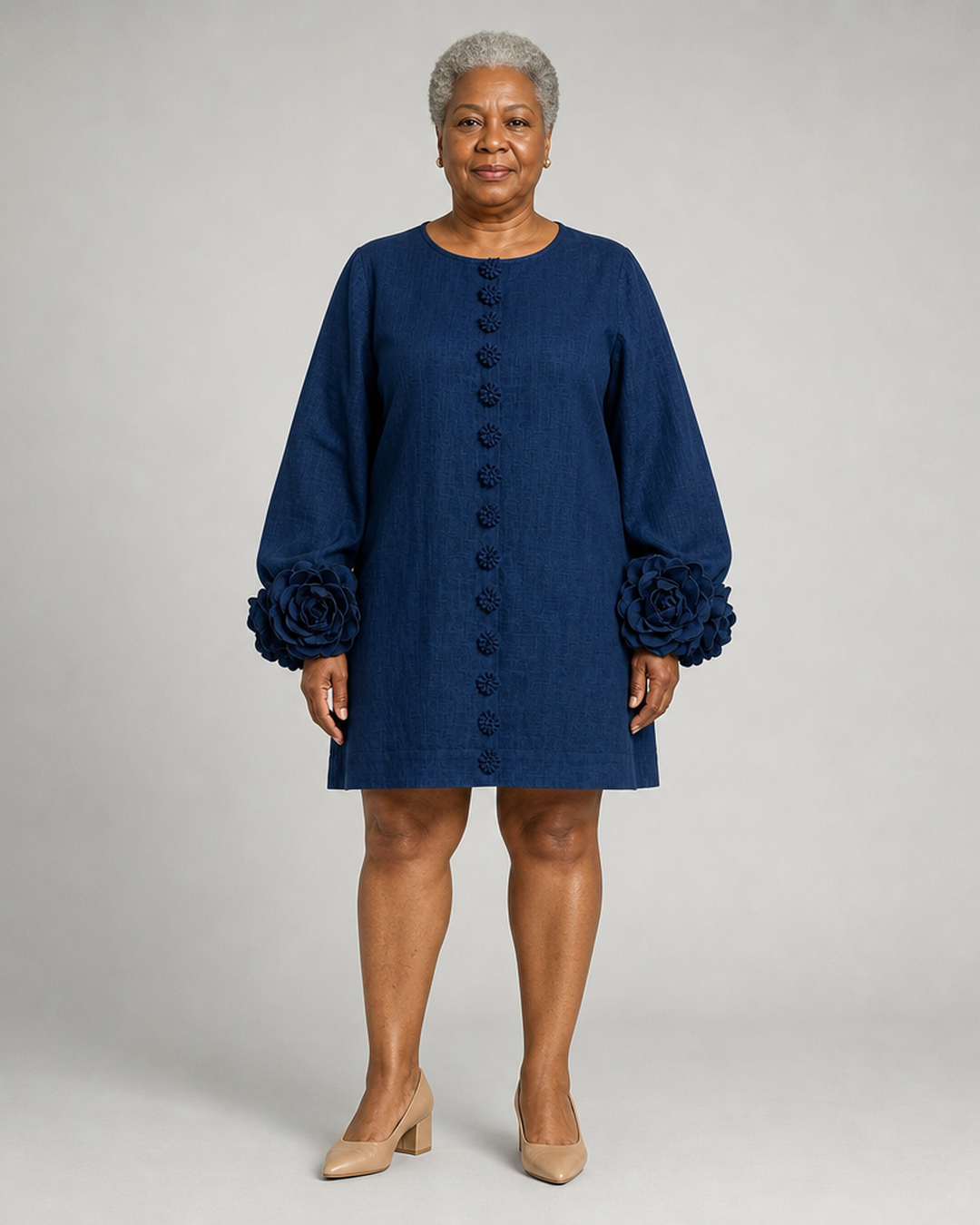 Adwoa | Navy Long Sleeve Floral Button-down Mini Dress With Striking Floral Cuffs(long Sleeve Edition)