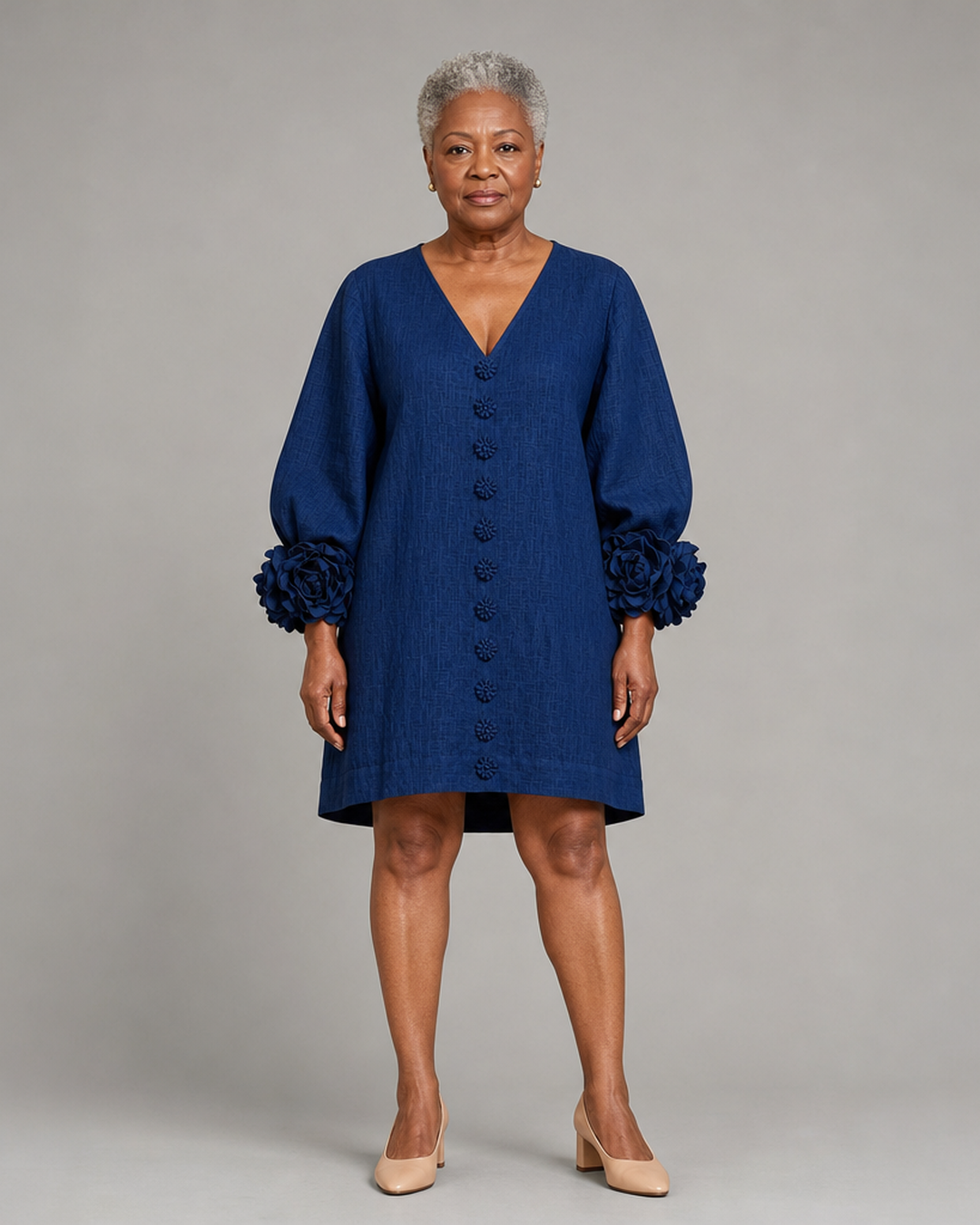 Buhle | Navy V-neck Floral Button-down Mini Dress With Striking Floral Cuffs