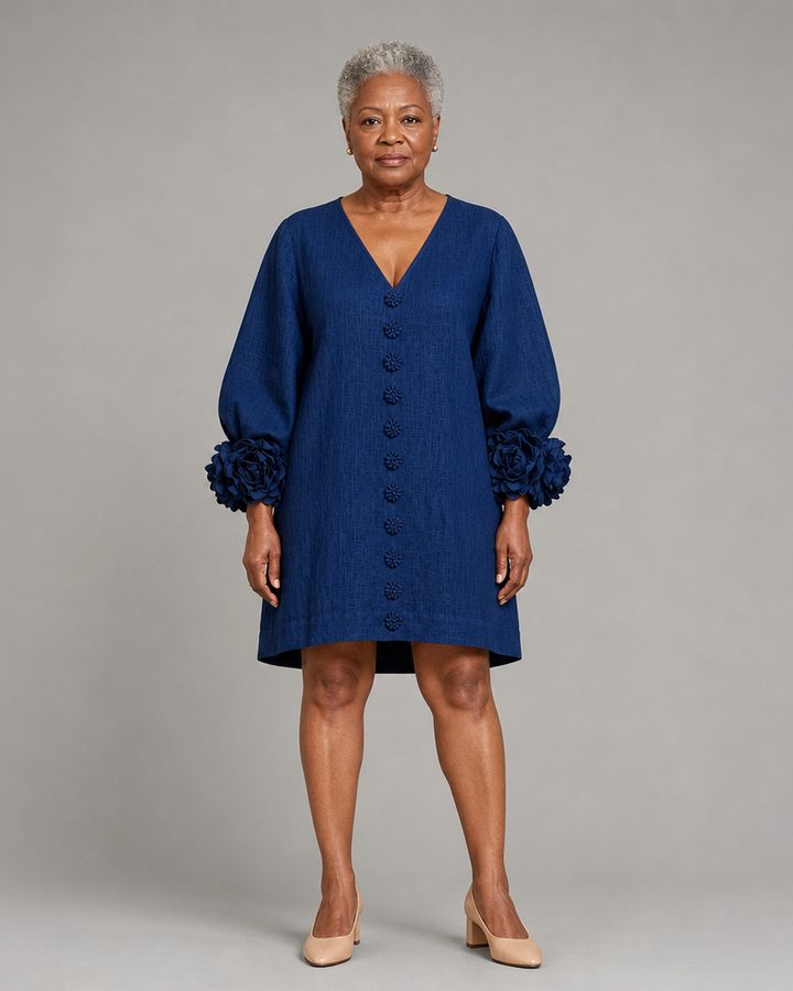Buhle | Navy V-neck Floral Button-down Mini Dress With Striking Floral Cuffs
