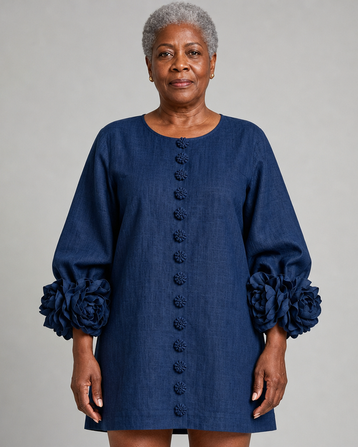 Abena | Navy Floral Button-down Mini Dress With Striking Floral Cuffs