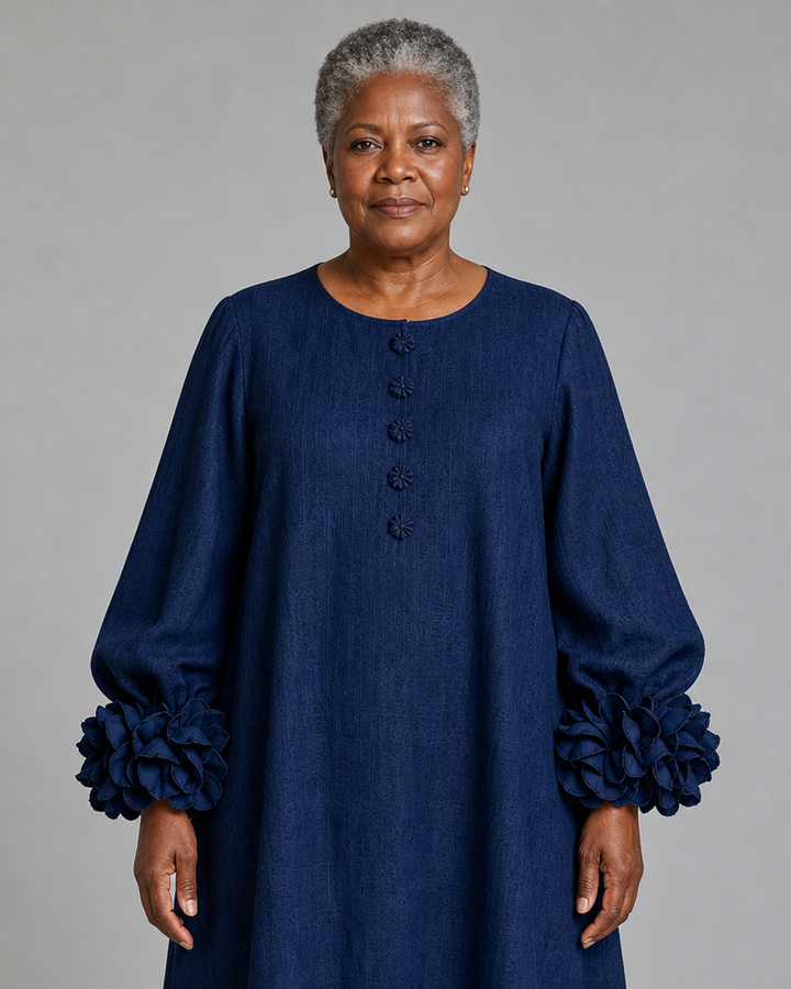 Serwaa | Navy Floral Button-down Midi Dress With Striking Floral Cuffs