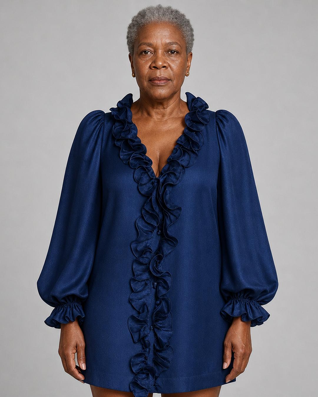 Mariatou | Navy Ruffled Puff-sleeve Loose Straight-cut Mini Dress