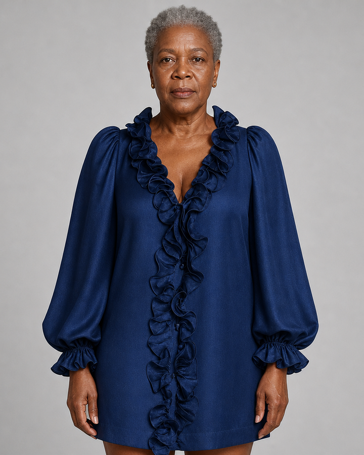 Mariatou | Navy Ruffled Puff-sleeve Loose Straight-cut Mini Dress