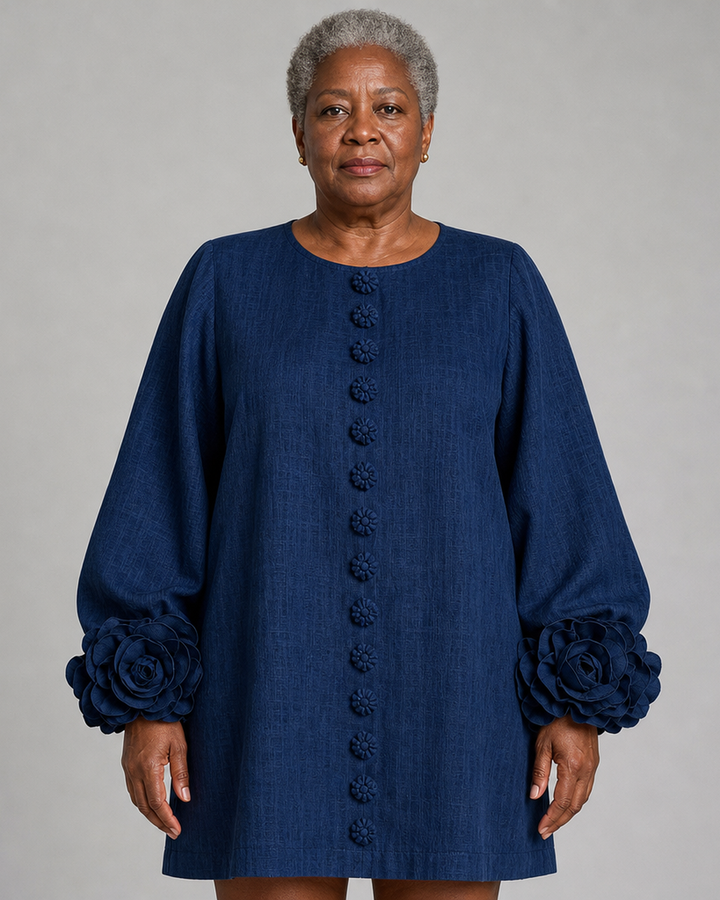 Adwoa | Navy Long Sleeve Floral Button-down Mini Dress With Striking Floral Cuffs(long Sleeve Edition)
