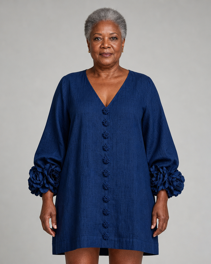 Buhle | Navy V-neck Floral Button-down Mini Dress With Striking Floral Cuffs