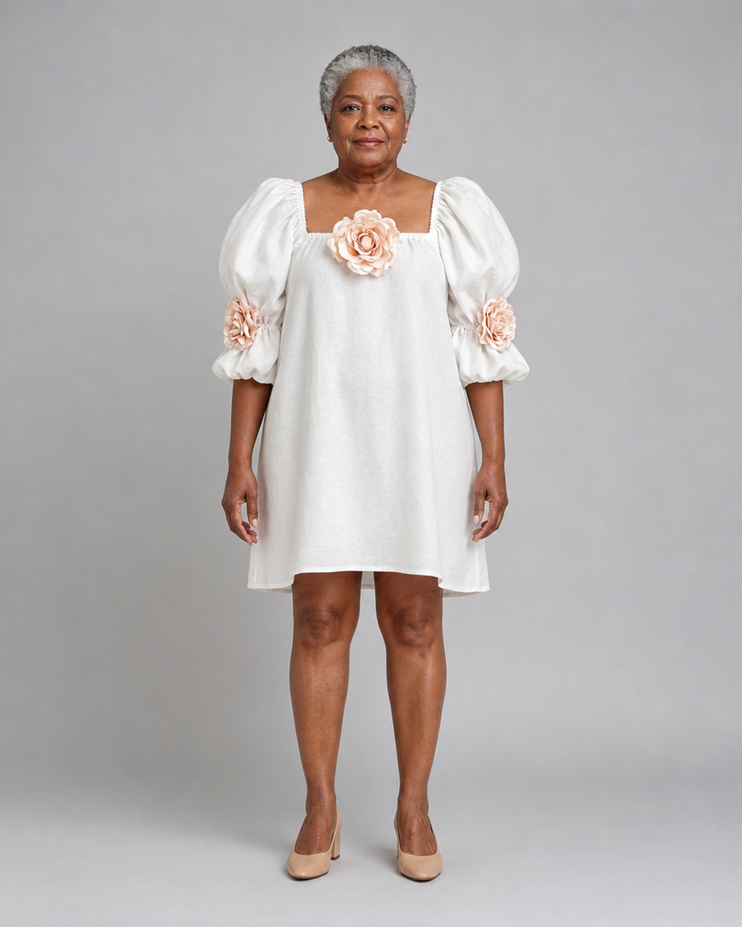 Mumbi | 3d Floral Applique Square Neck Puff Sleeve Loose Mini Dress