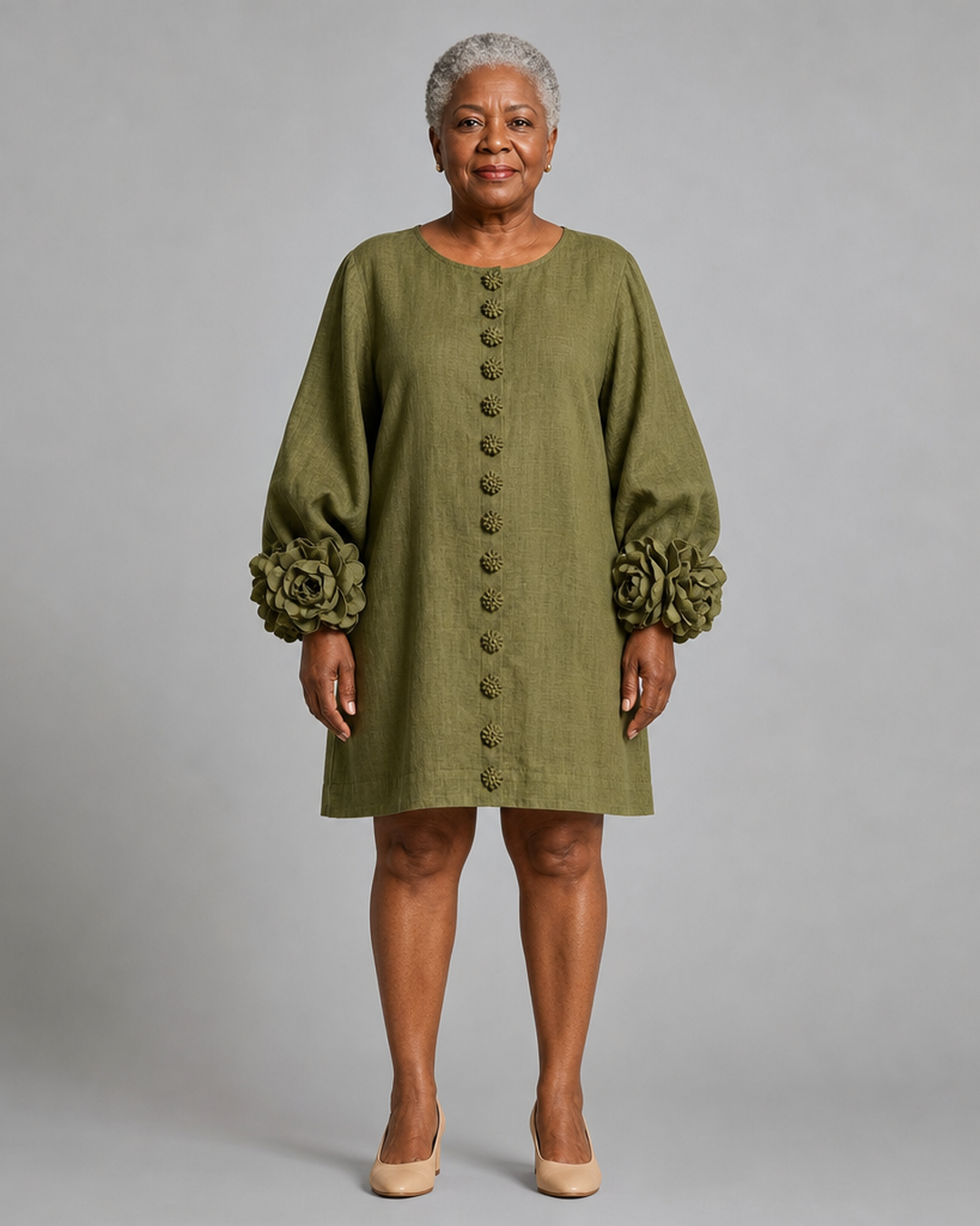 Morounke | Olive Floral Button-down Mini Dress With Striking Floral Cuffs