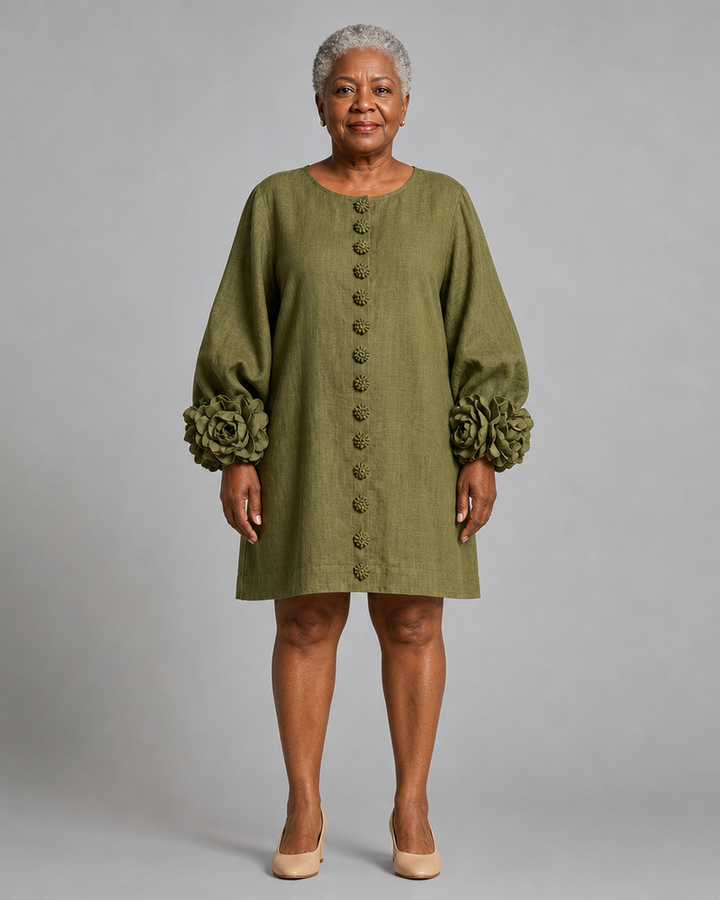Morounke | Olive Floral Button-down Mini Dress With Striking Floral Cuffs