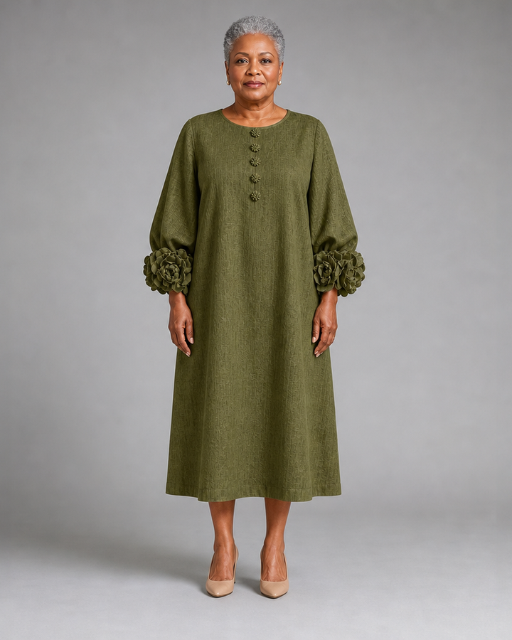 Nyarko | Olive Floral Button-down Midi Dress With Striking Floral Cuffs