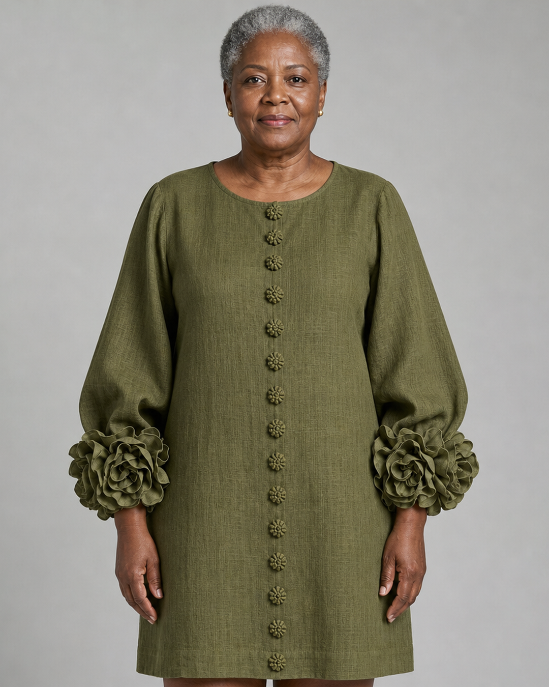 Morounke | Olive Floral Button-down Mini Dress With Striking Floral Cuffs