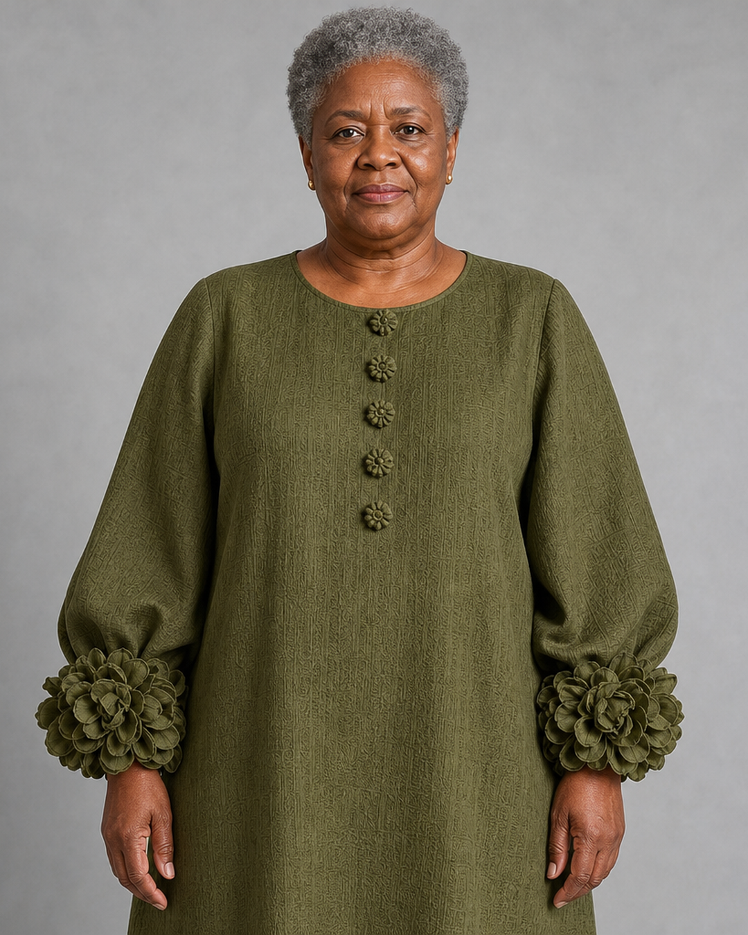 Nyarko | Olive Floral Button-down Midi Dress With Striking Floral Cuffs