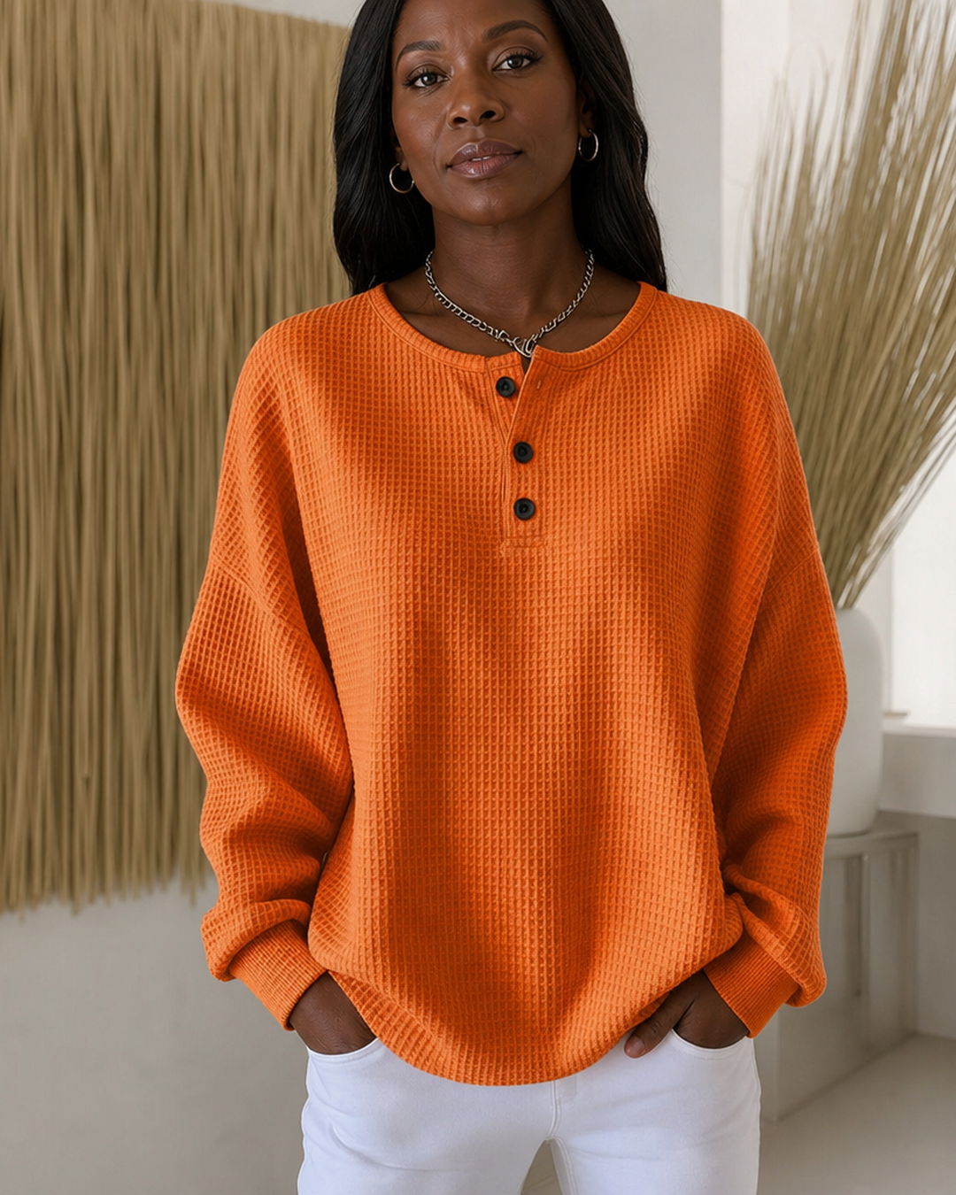 Mirabel | Cozy Waffle Henley Sweatshirt
