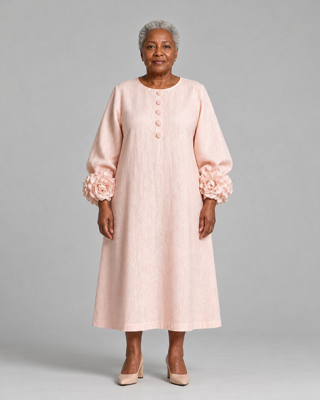 Chinelo | Pink Floral Button-down Midi Dress With Striking Floral Cuffs