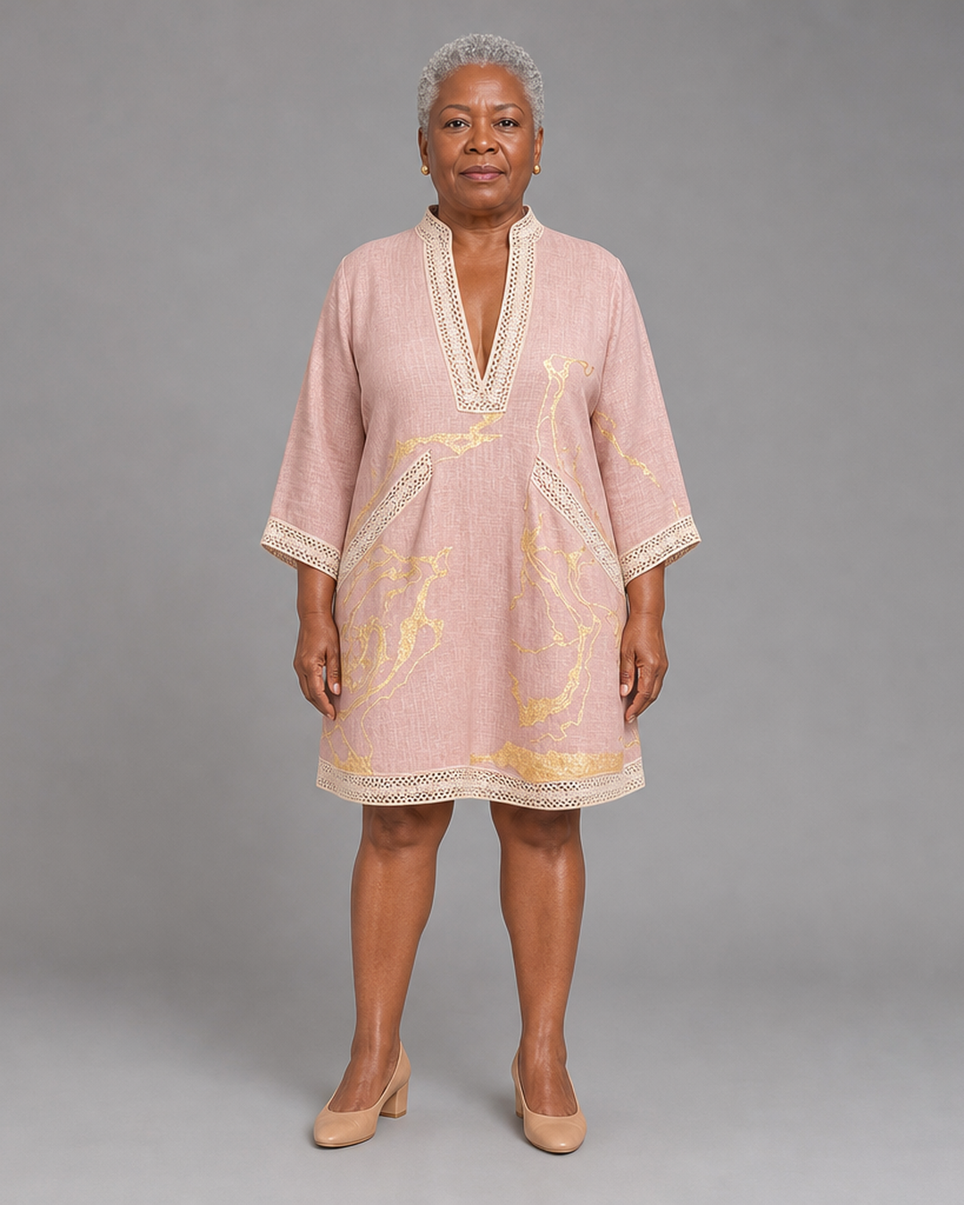 Assiatou | Pink Gold Printed V-neck Crochet Lace Mini Dress