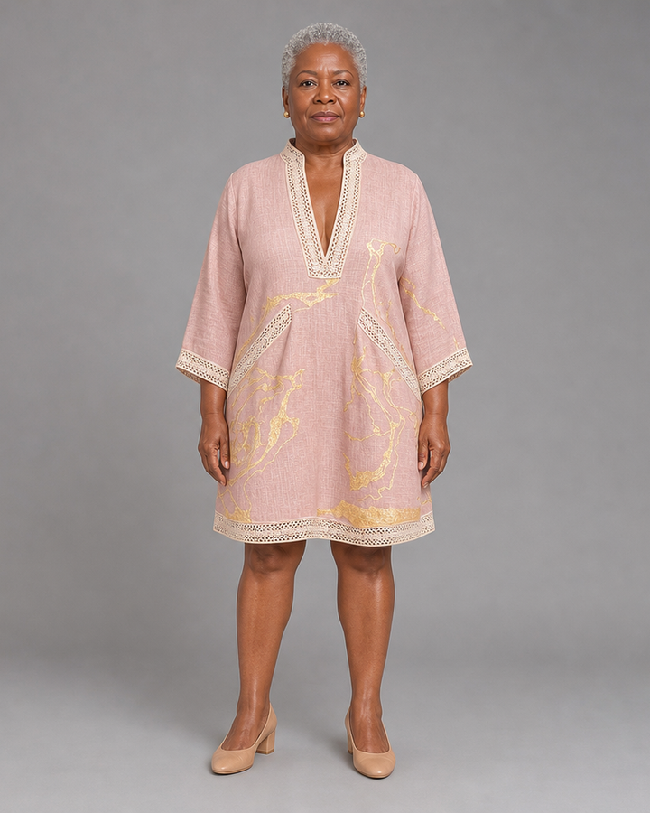 Assiatou | Pink Gold Printed V-neck Crochet Lace Mini Dress