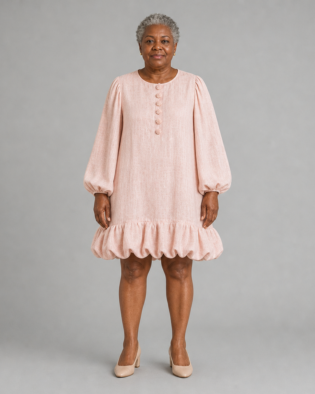 Amarachi | Pink Floral Button-front Ruffled Puff-sleeve Mini Dress