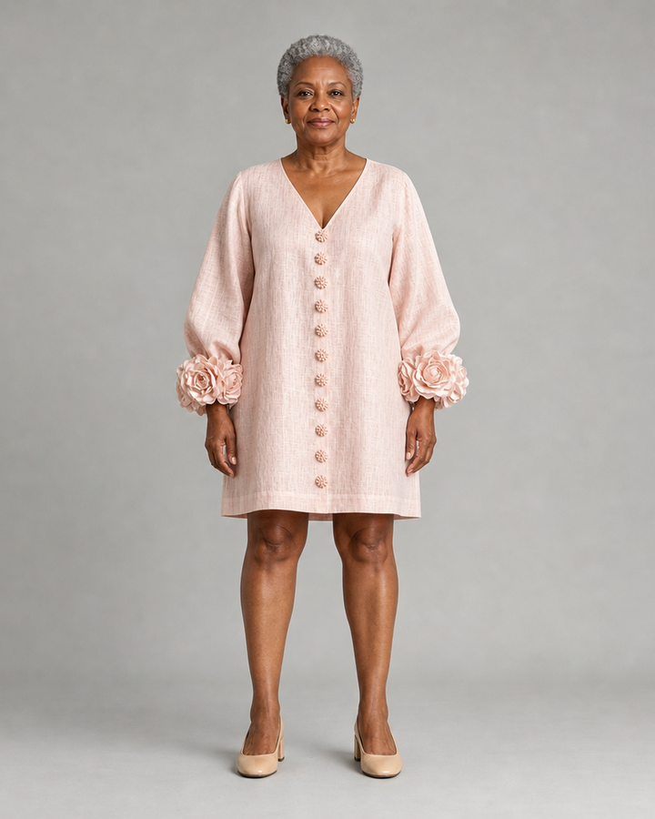 Sindiswa | Pink V-neck Floral Button-down Mini Dress With Striking Floral Cuffs