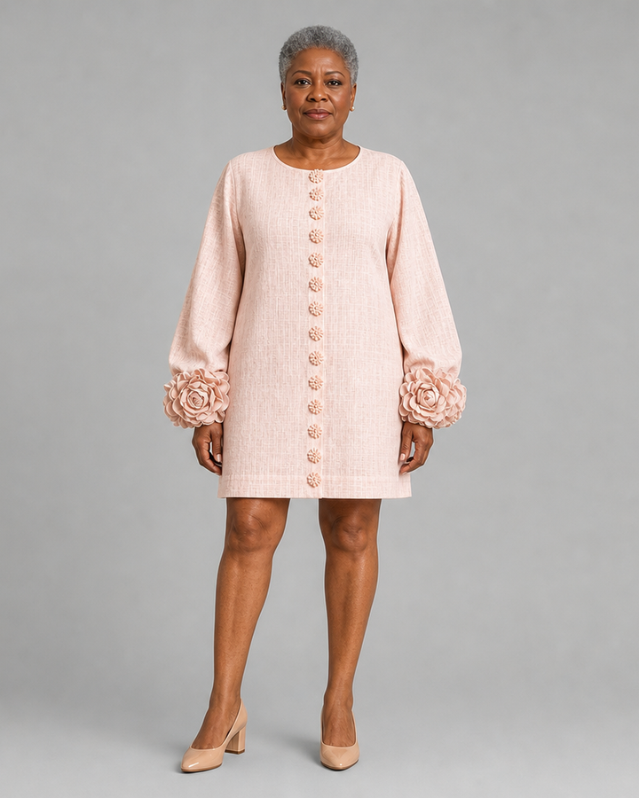 Afua | Pink Long Sleeve Floral Button-down Mini Dress With Striking Floral Cuffs(long Sleeve Edition))