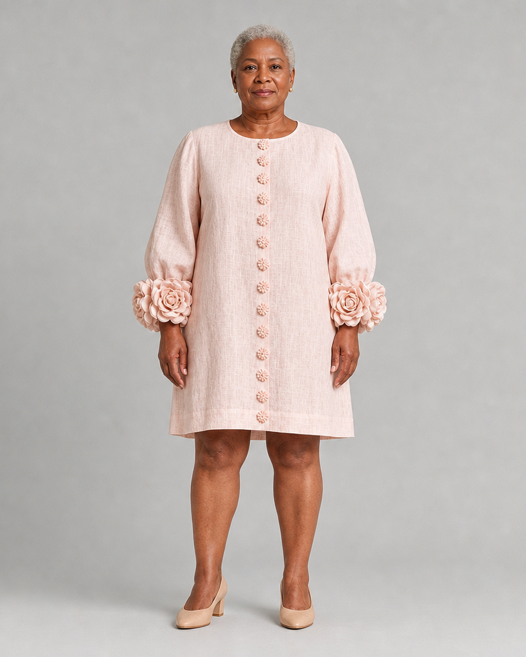 Adunni | Pink Floral Button-down Mini Dress With Striking Floral Cuffs