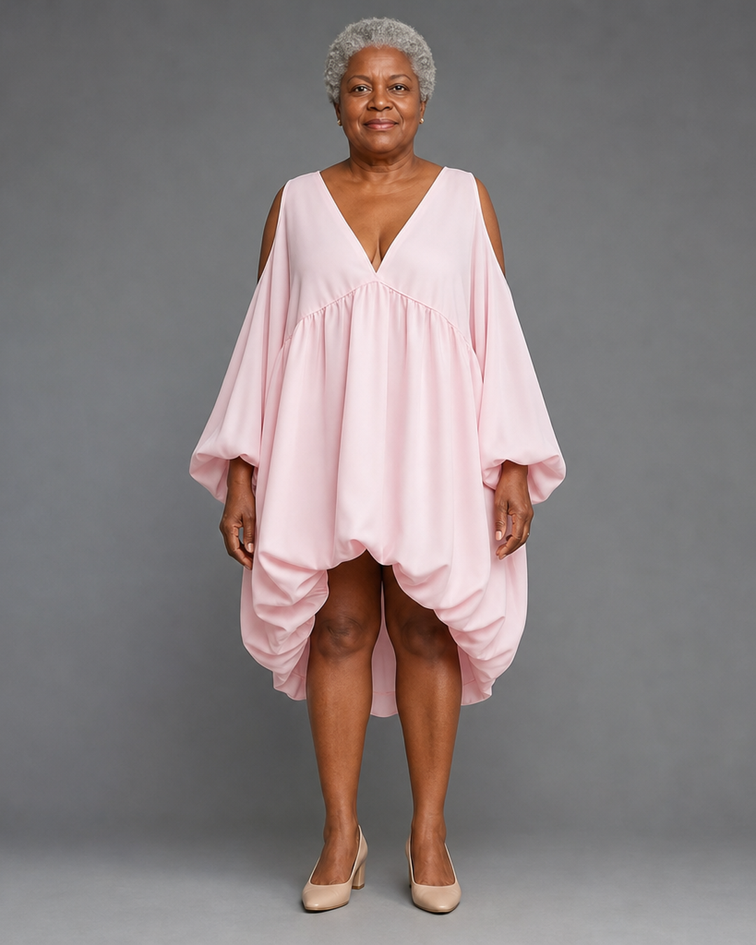 Kagendo | Baby Pink Chffion Deep V Cold Shoulder Mini Dress Puffy Balloon Sleeve Babydoll Party Dress