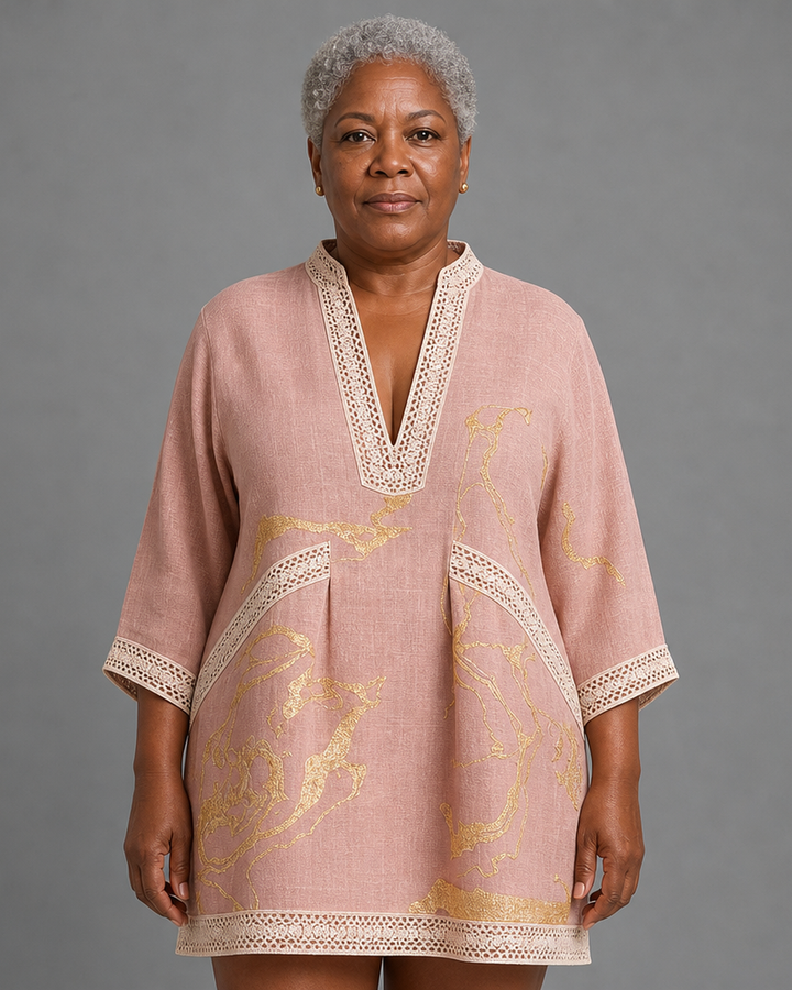 Assiatou | Pink Gold Printed V-neck Crochet Lace Mini Dress